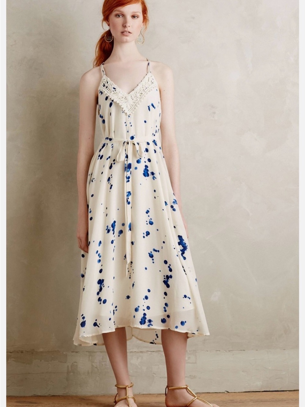 Maeve Cream Midi Dress with Blue Spatter and Crochet Trim